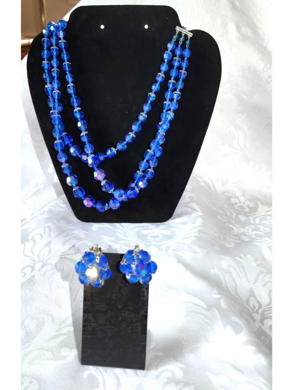 Vintage Blue Faceted Glass Bead 3-Strand Necklace & Clip-On Earrings AB Beads